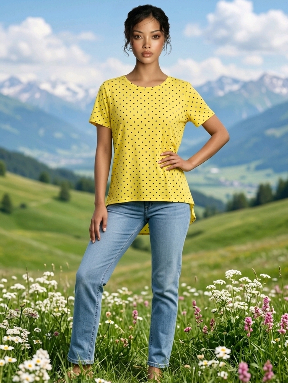 Alfani Yellow Short Sleeve Tee with Black Dot Pattern Size OX